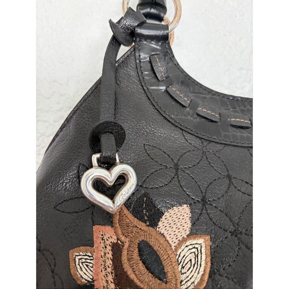 Brighton Valencia Black Leather Floral Embroidered Hobo Bag NWOT Heart Charm - Picture 3 of 12